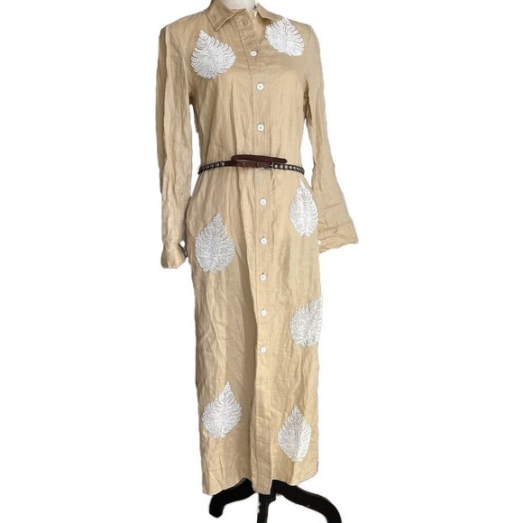 ZARA Tan and White Beaded Linen Collared Maxi Dress Size Small - Picture 4 of 12